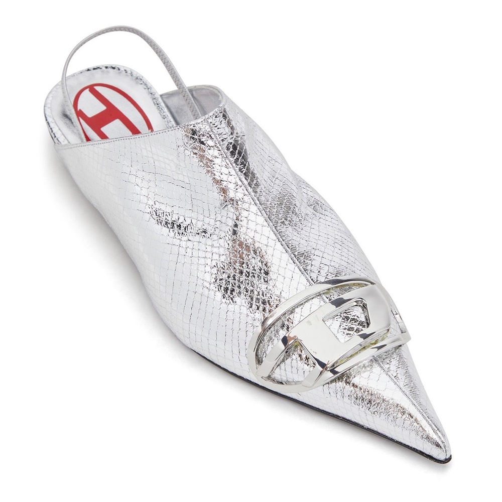 NEW Diesel D-Venus Snakeskin Metallic Metal Logo Pointed Toe Flat Mule Shoes 37 - Picture 2 of 16